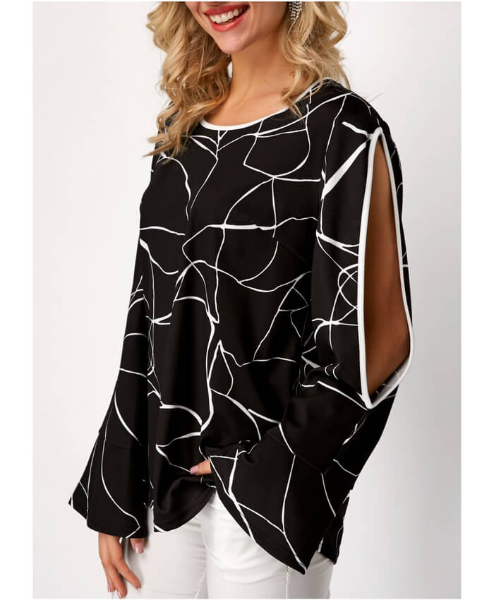 Split Sleeve Printed Flare Cuff Blouse